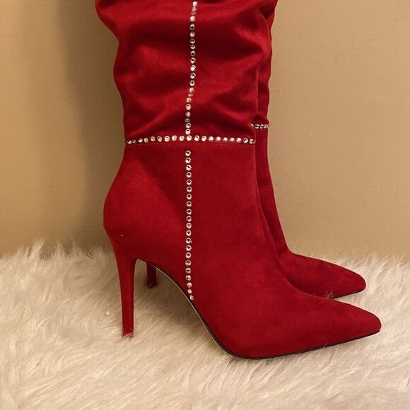 NWOT Jessica Simpson Women's Red Studded Pointed Toe Over Knee Boots Size: 9 - Picture 10 of 16